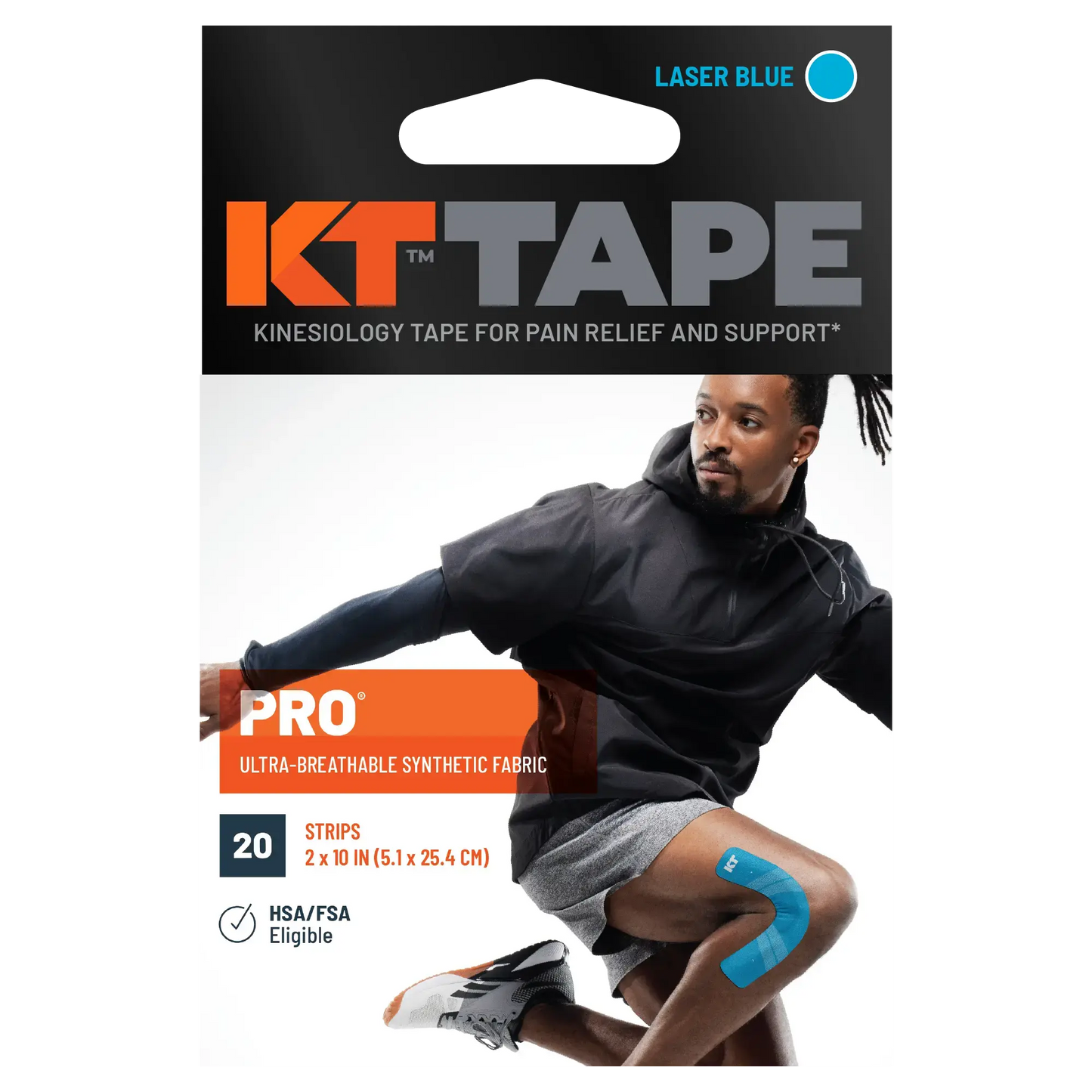 KT Tape Pro® kinesiology tape in laser blue packaging showing athlete using pre-cut strips.