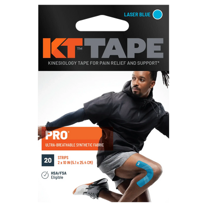 KT Tape Pro® kinesiology tape in laser blue packaging showing athlete using pre-cut strips.