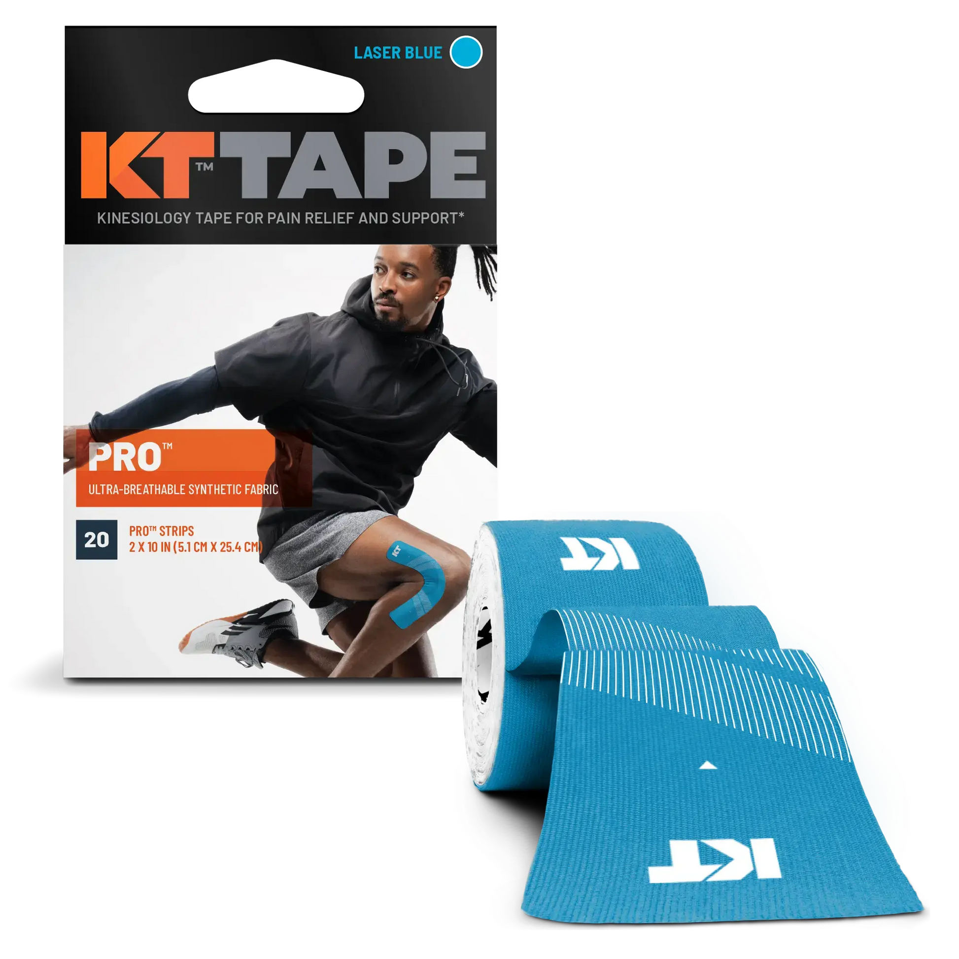 KT Tape Pro® kinesiology tape in laser blue with packaging showing pre-cut strips for pain relief and support.