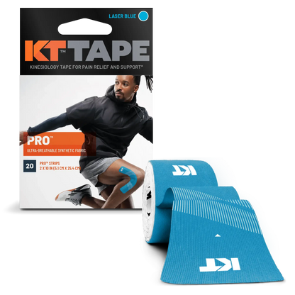 KT Tape Pro® kinesiology tape in laser blue with packaging showing pre-cut strips for pain relief and support.