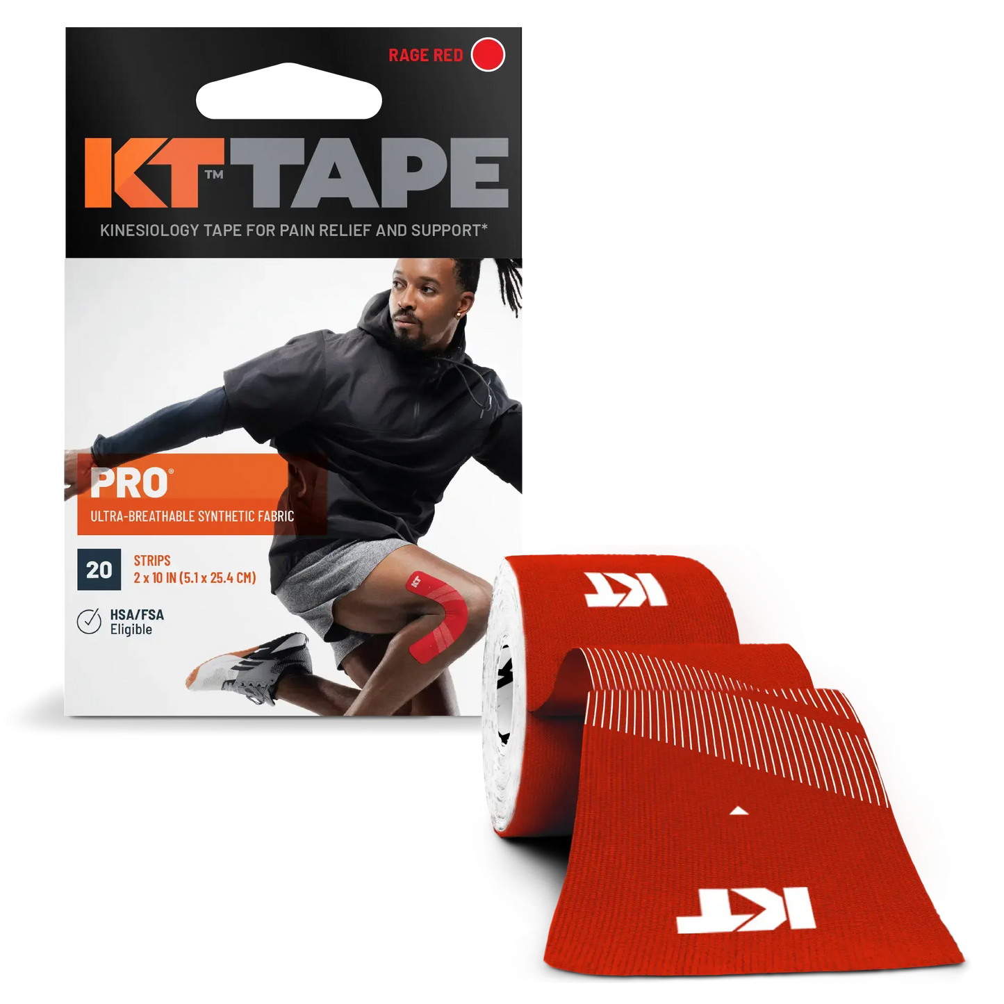 KT Tape Pro sports tape, red synthetic fabric roll, muscle support, pain relief.