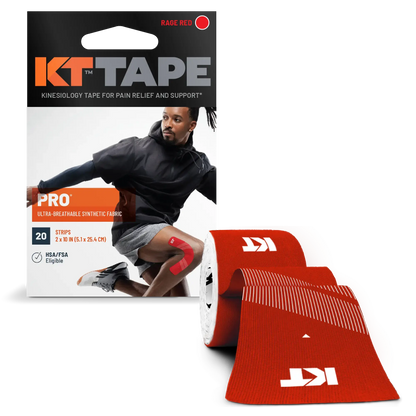 KT Tape Pro sports tape, red synthetic fabric roll, muscle support, pain relief.