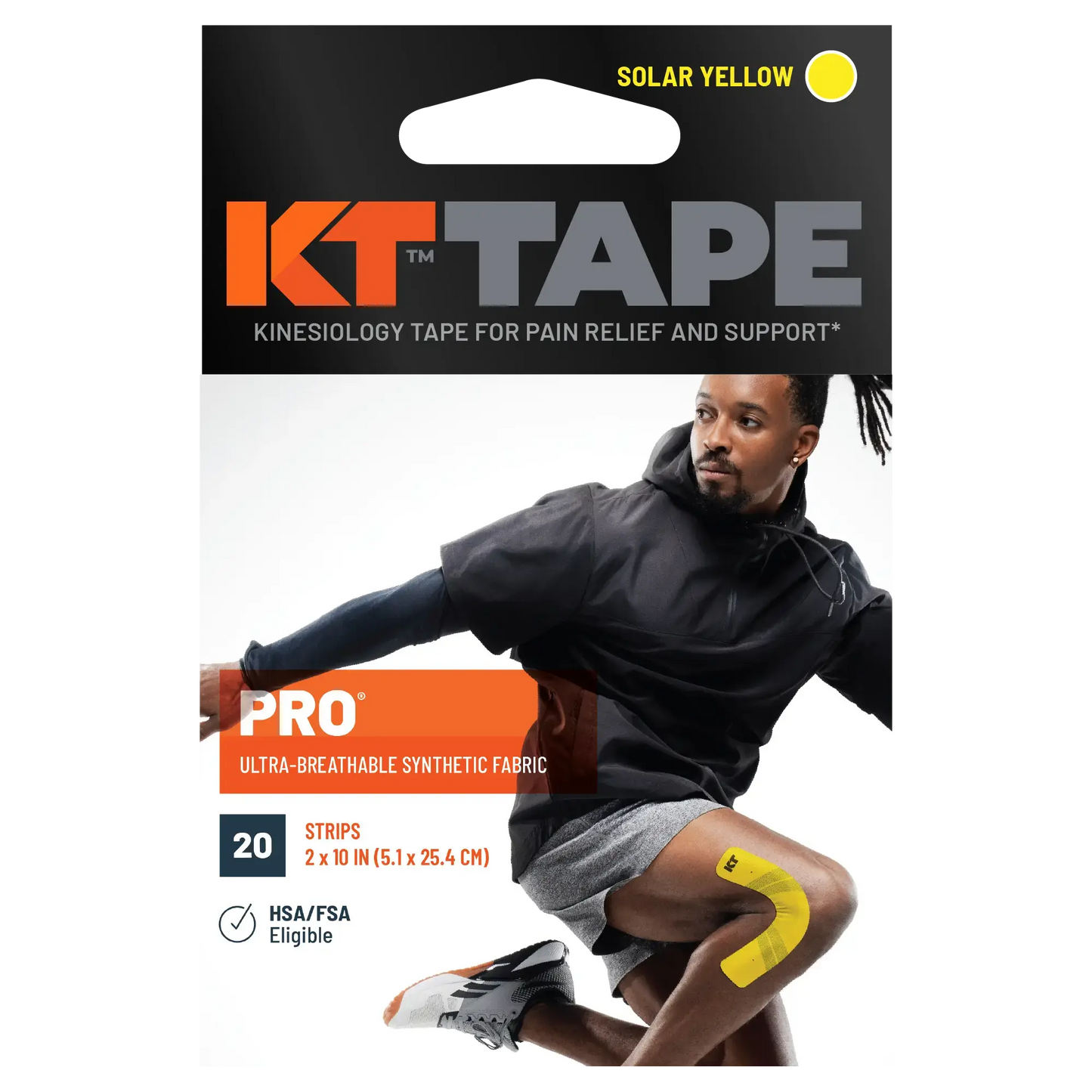 KT Tape Pro packaging featuring solar yellow kinesiology tape for muscle support.