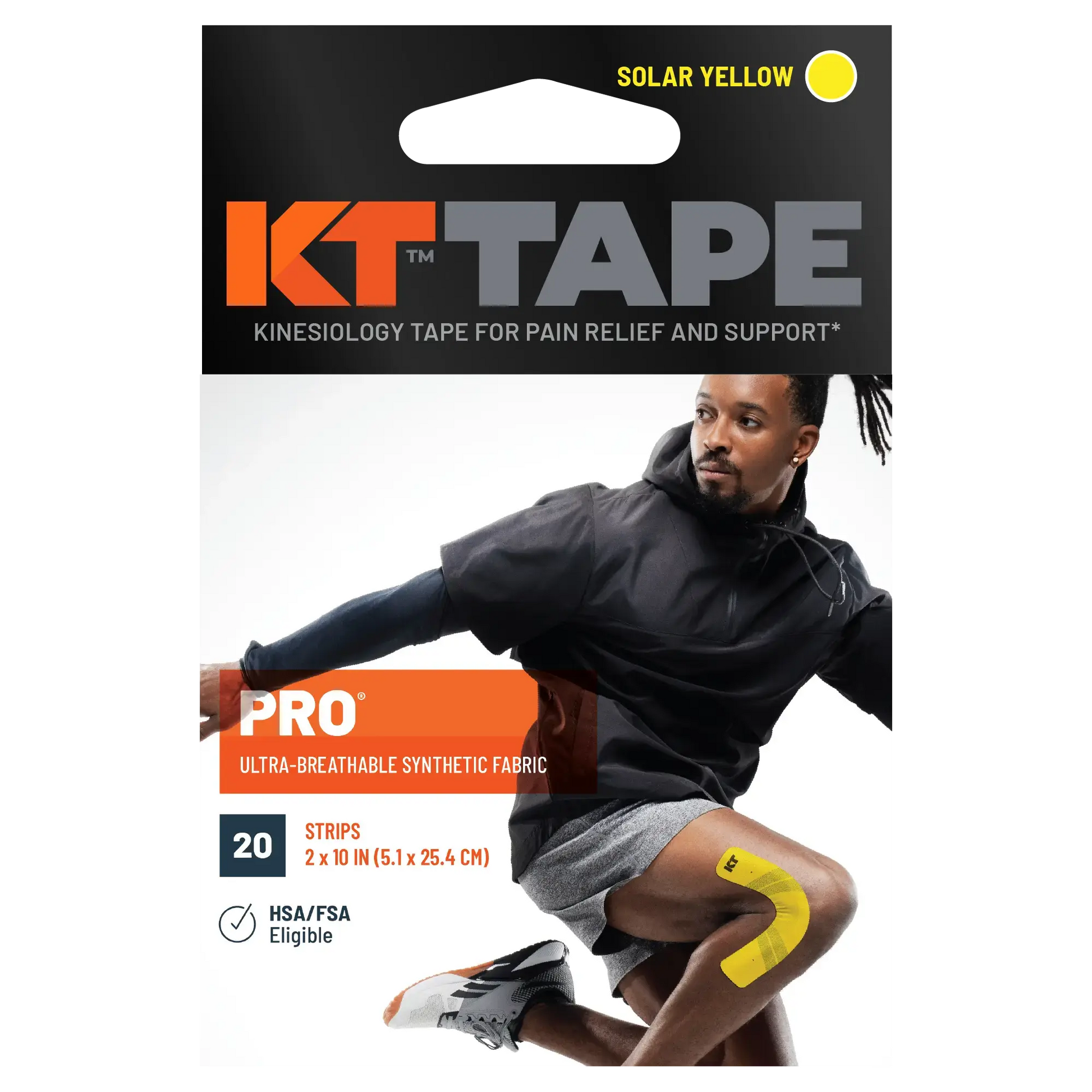 KT Tape Pro packaging featuring solar yellow kinesiology tape for muscle support.