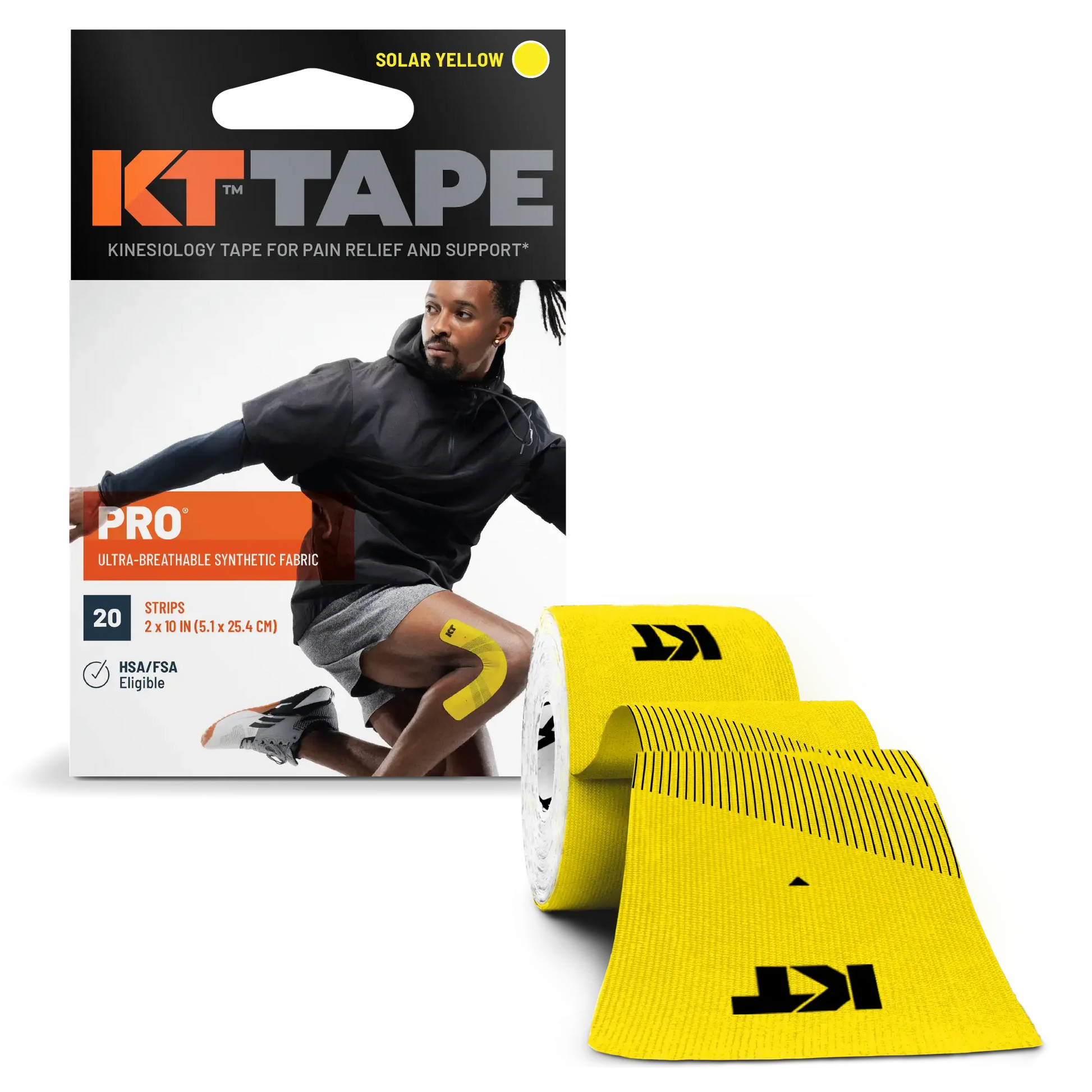 KT Tape Pro sports tape package, featuring pre-cut synthetic kinesiology tape for muscle support and pain relief.