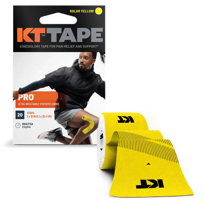 KT Tape Pro sports tape package, featuring pre-cut synthetic kinesiology tape for muscle support and pain relief.