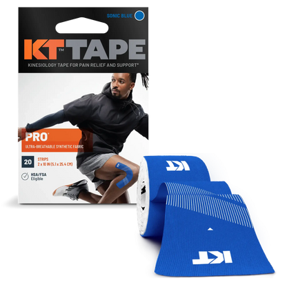 KT Tape Pro synthetic sports tape in blue packaging with pre-cut strips for muscle support.