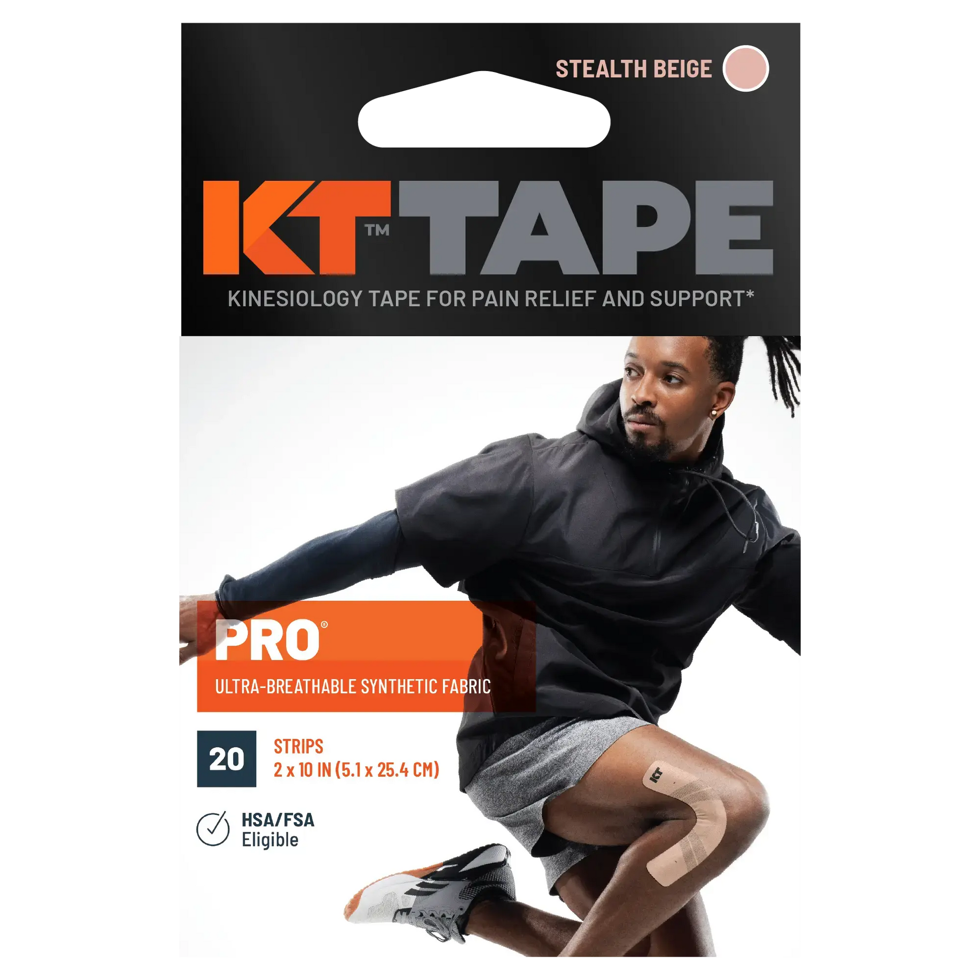 KT Tape Pro package with a man demonstrating knee application, featuring ultra-breathable synthetic fabric, 20 strips included.