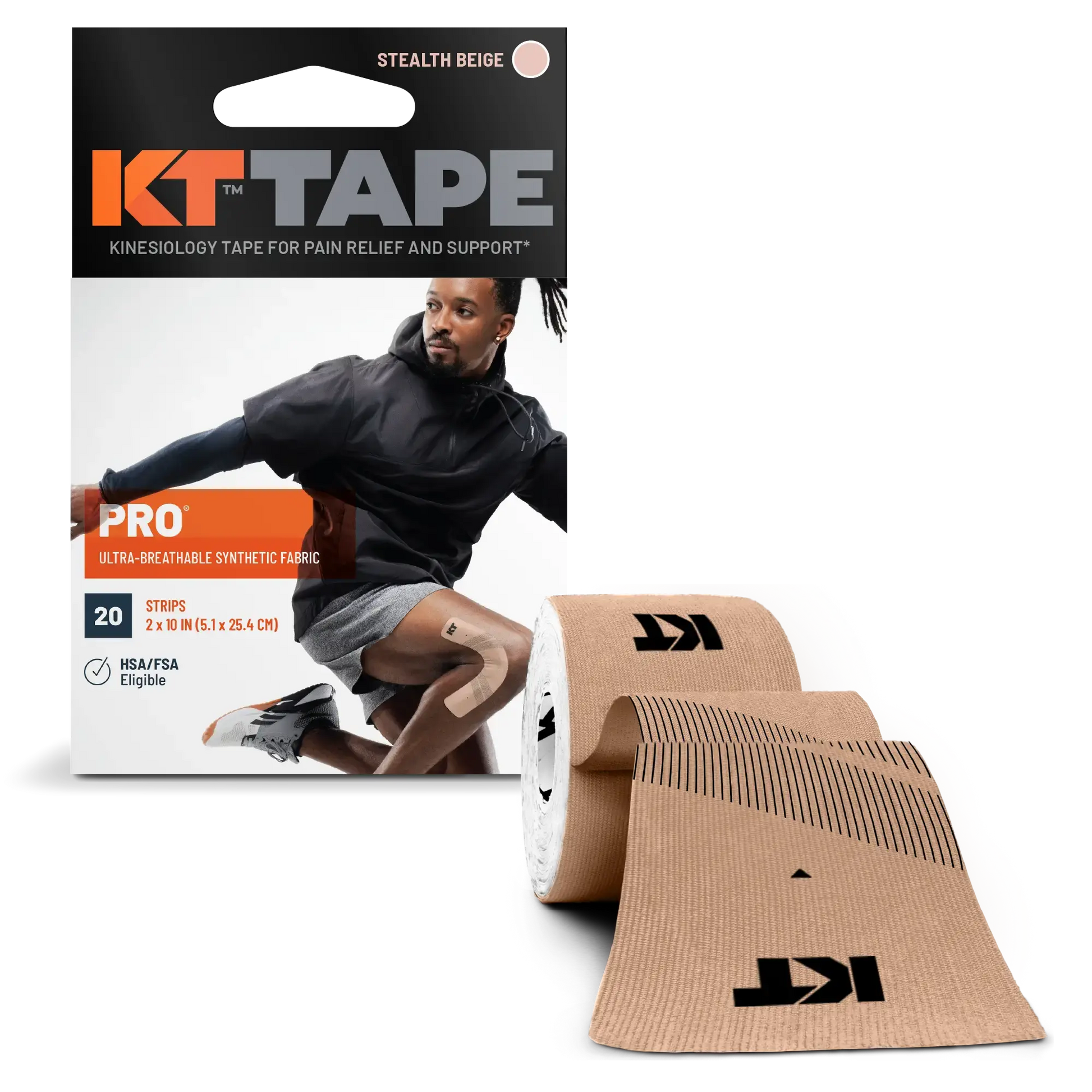 KT Tape Pro in stealth beige, featuring synthetic kinesiology tape for long-lasting muscle support.