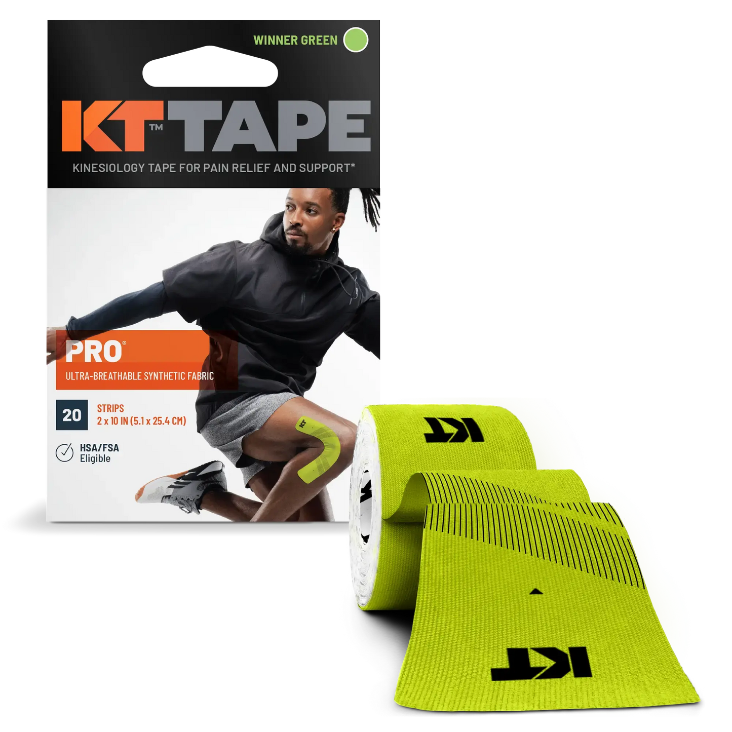 KT Tape Pro package and roll in bright green color with muscle support illustration.