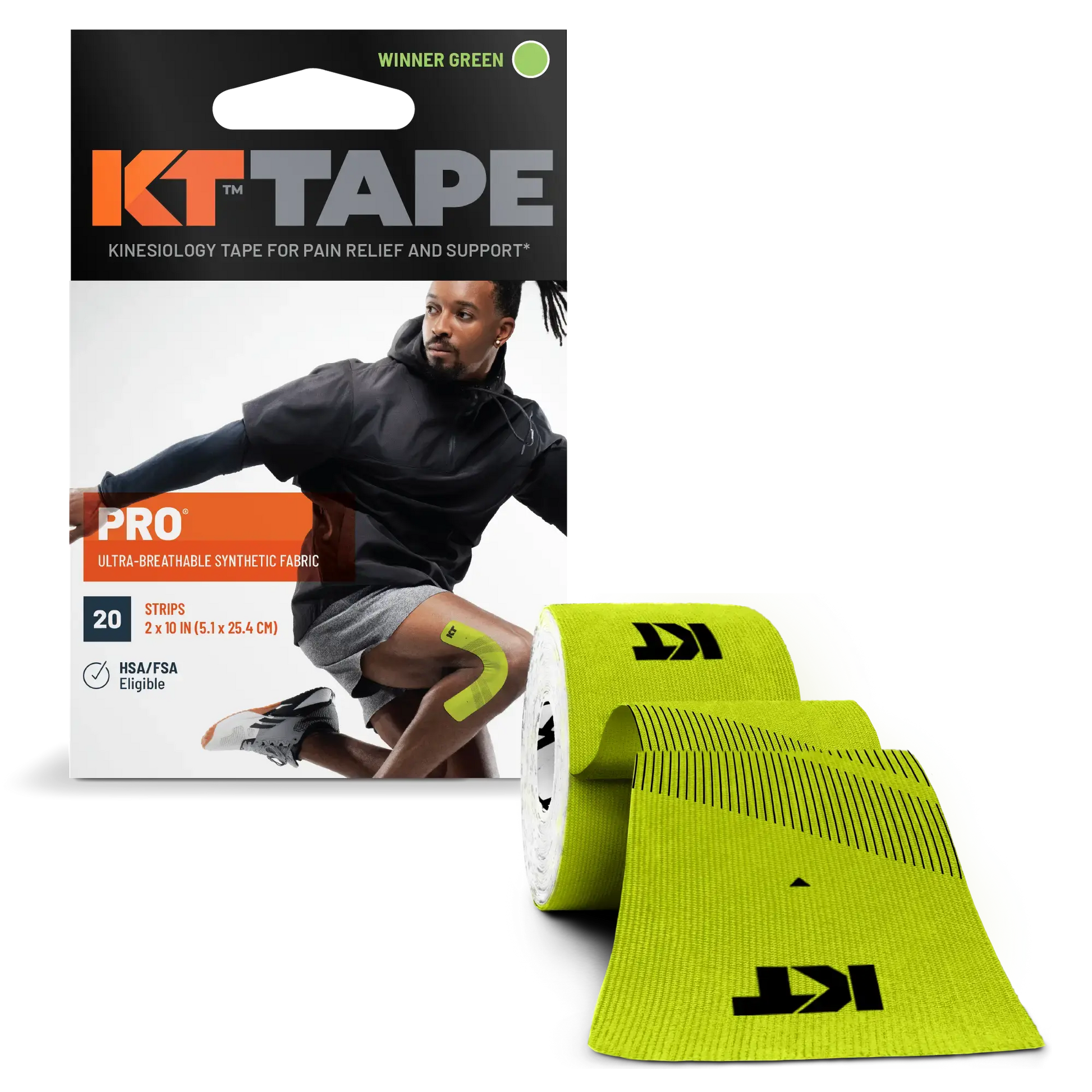 KT Tape Pro package and roll in bright green color with muscle support illustration.