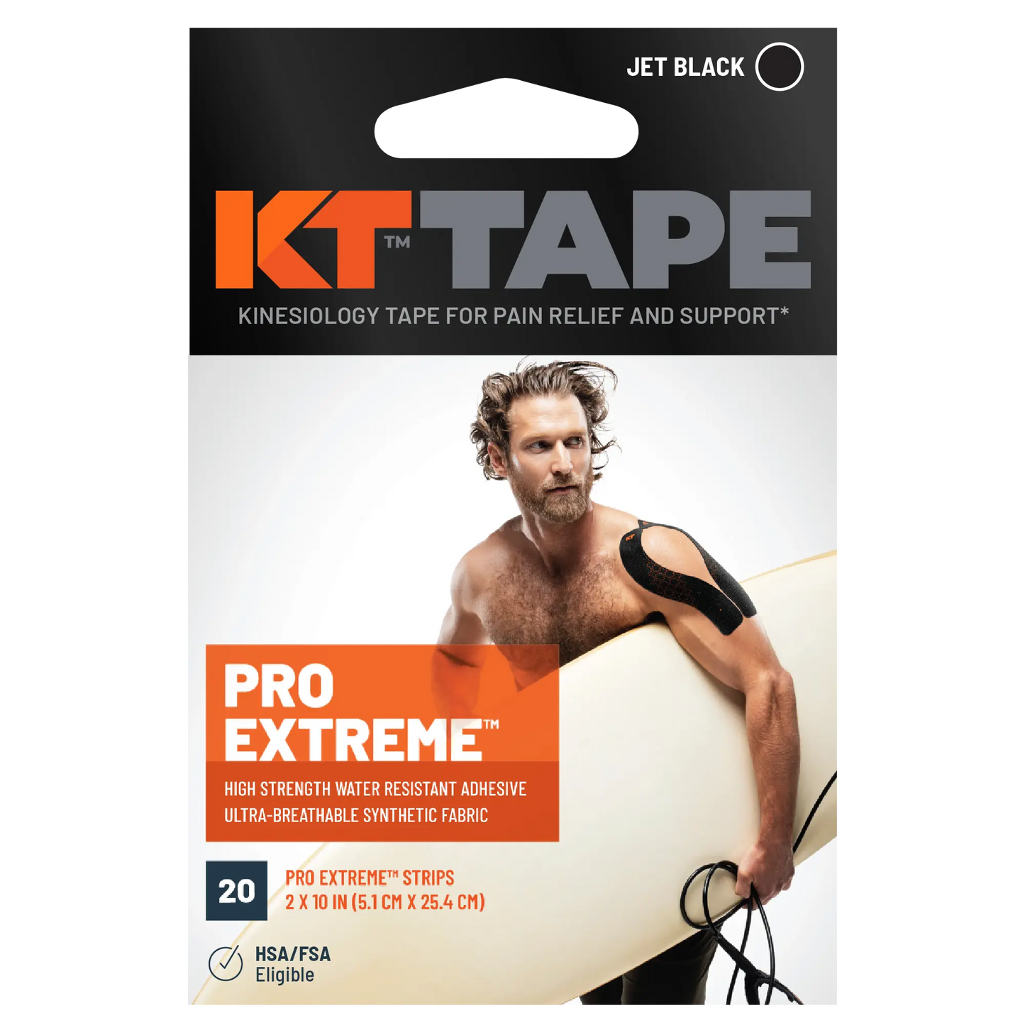 KT Tape Pro Extreme® kinesiology tape in jet black packaging, featuring high-strength water-resistant synthetic fabric for pain relief and support.