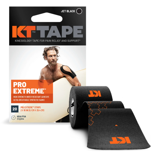 KT Tape Pro Extreme® in jet black with 20 pre-cut strips, designed for durable pain relief and support during extreme workouts.