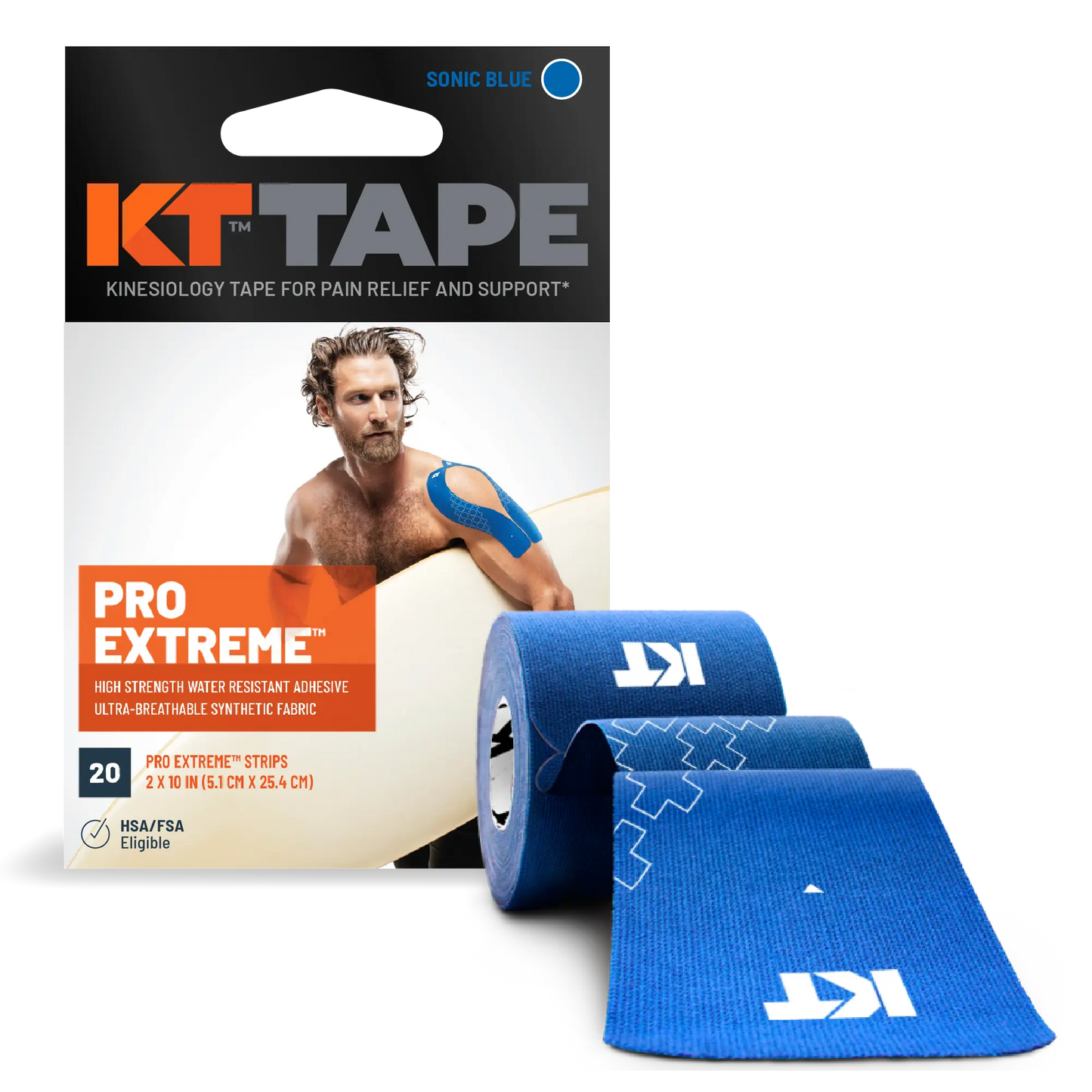 KT Tape Pro Extreme® kinesiology tape for pain relief and support in sonic blue.