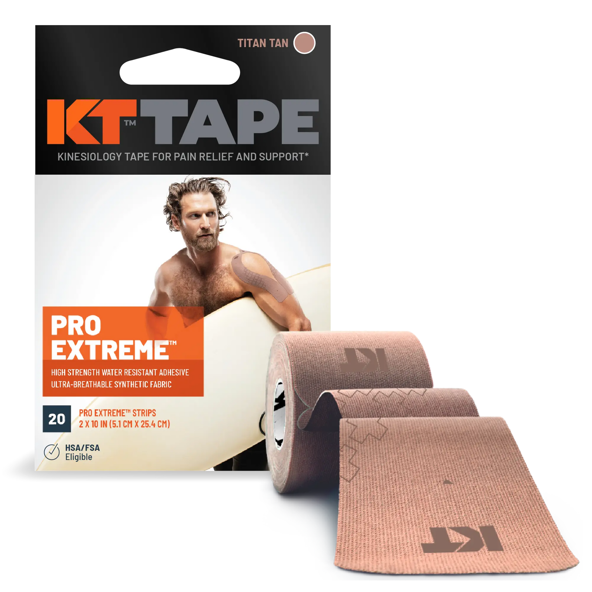 KT Tape Pro Extreme®, high-strength kinesiology tape for pain relief and support, Titan Tan color, 20 precut strips.