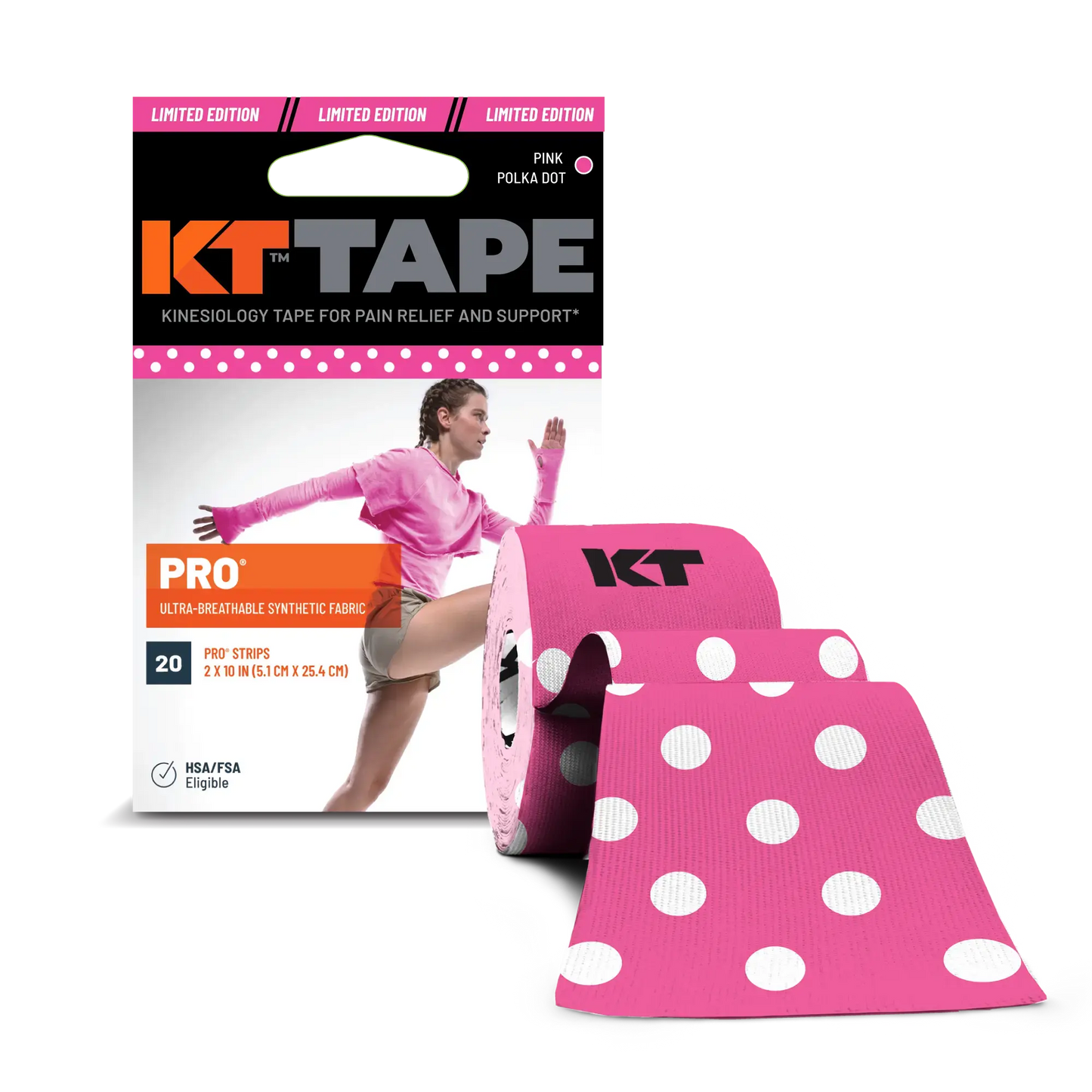 KT Tape Pro® synthetic kinesiology tape, pink polka dot design, 20 pre-cut strips, ultra-breathable performance fabric.