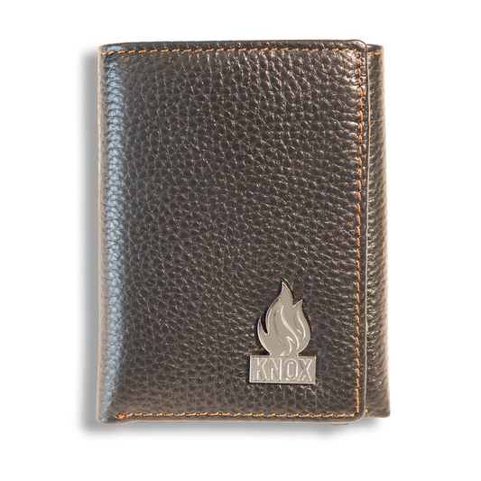 Genuine leather Knox Trifold Stacked Wallet with credit card slots and ID window.