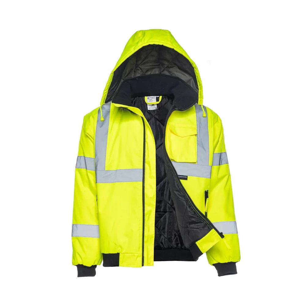 Hi Vis Waterproof Winter Bomber Jacket in Safety Yellow with Reflective Stripes - ANSI Class 3 Certified.