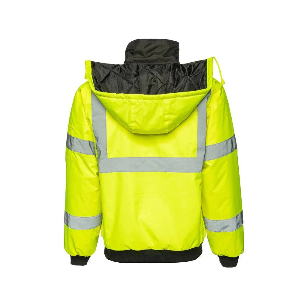 Hi Vis Waterproof Winter Bomber Jacket - ANSI Class 3 Safety Yellow with Reflective Striping