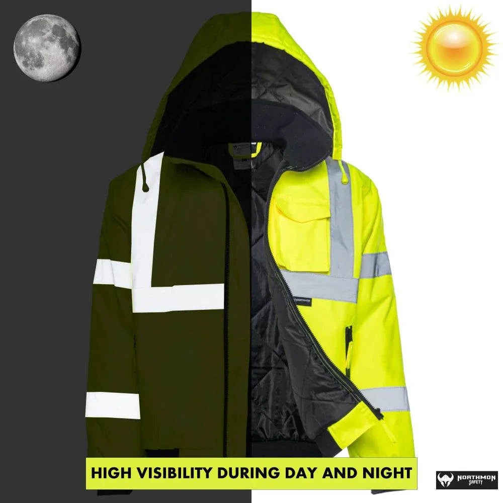 Hi Vis Waterproof Winter Bomber Jacket, ANSI Class 3, Safety Yellow, reflective striping, quilt lined.