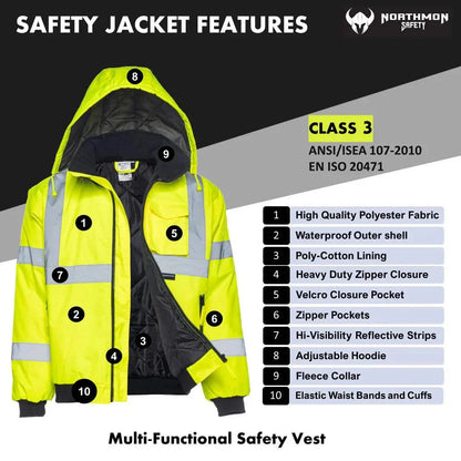 Hi Vis Waterproof Winter Bomber Jacket, ANSI Class 3, Safety Yellow, reflective striping, multiple utility pockets, quilt lined.