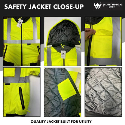 Hi Vis Waterproof Winter Bomber Jacket - ANSI Class 3 - Safety Yellow, quilt-lined with multiple utility pockets and reflective striping.