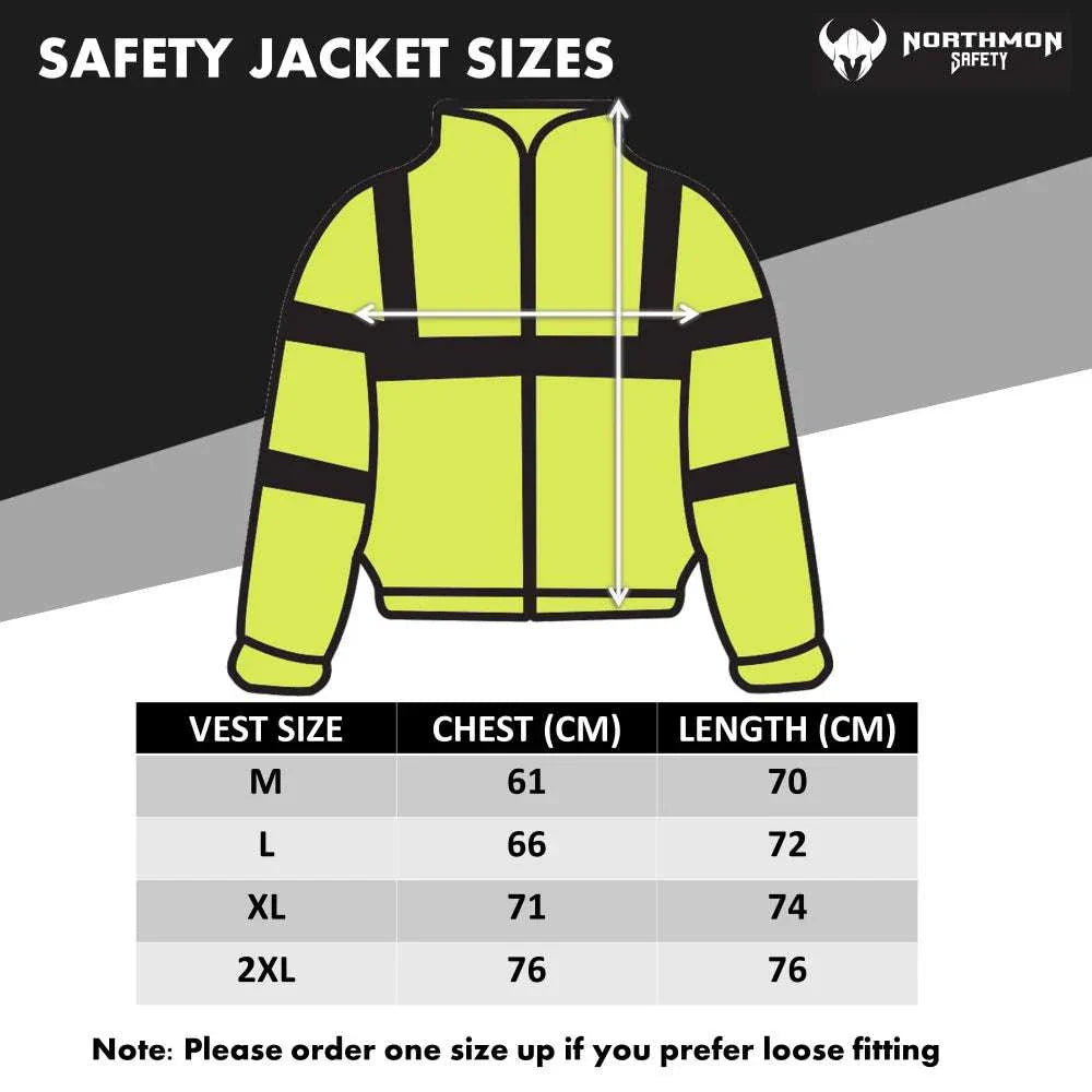 Size chart for Hi Vis Waterproof Winter Bomber Jacket, ANSI Class 3, Safety Yellow, by NORTHMON.