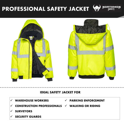 Hi Vis Waterproof Winter Bomber Jacket - ANSI Class 3 Safety Yellow with reflective striping and utility pockets for visibility and protection.