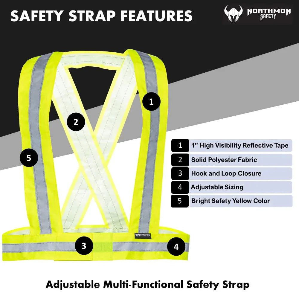 Hi Vis Yellow Safety Strap Belt with 1" Reflective Silver Tape, adjustable and durable.