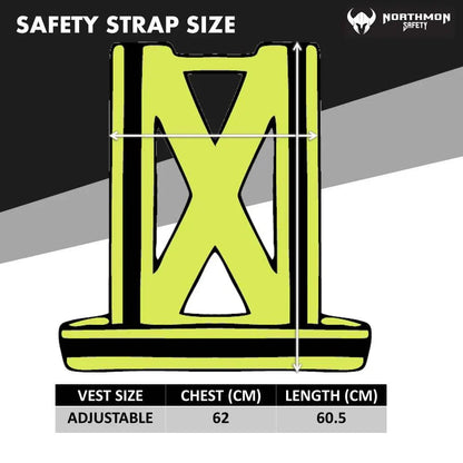 Hi Vis Yellow Safety Strap Belt with 1" Reflective Silver Tape, adjustable size chart.