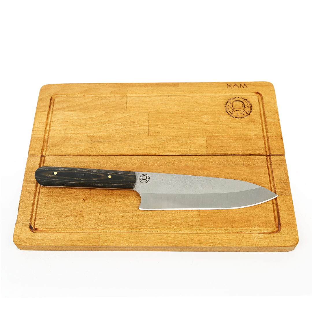 Kam Knife - CHIEF - Outokumpu 4116 Steel - Black Handle Chef Fixed Blade - Chopping Board