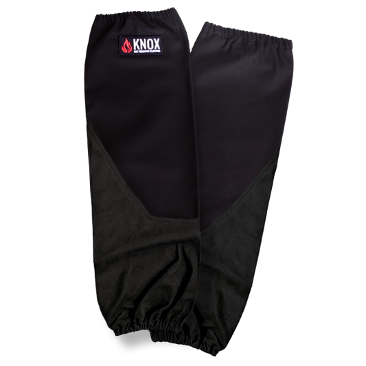 Knox Split Leather FR Welding Sleeves in black with fire-resistant fabric and split cowhide for protection and flexibility.