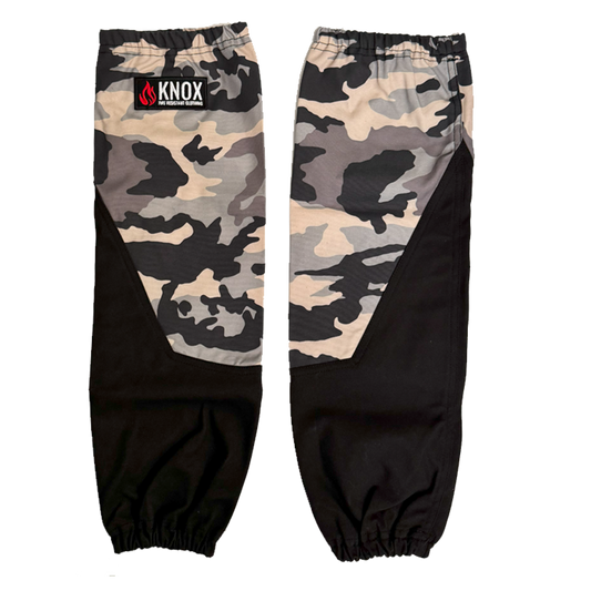 Knox Split Leather FR Welding Sleeves with camouflage pattern and elastic cuffs for heat resistance and protection.