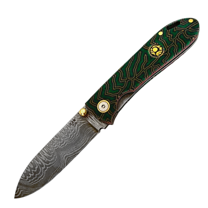 Kam Knife T20 with Damascus steel blade and green Micarta handle, pocket-sized for outdoor activities.