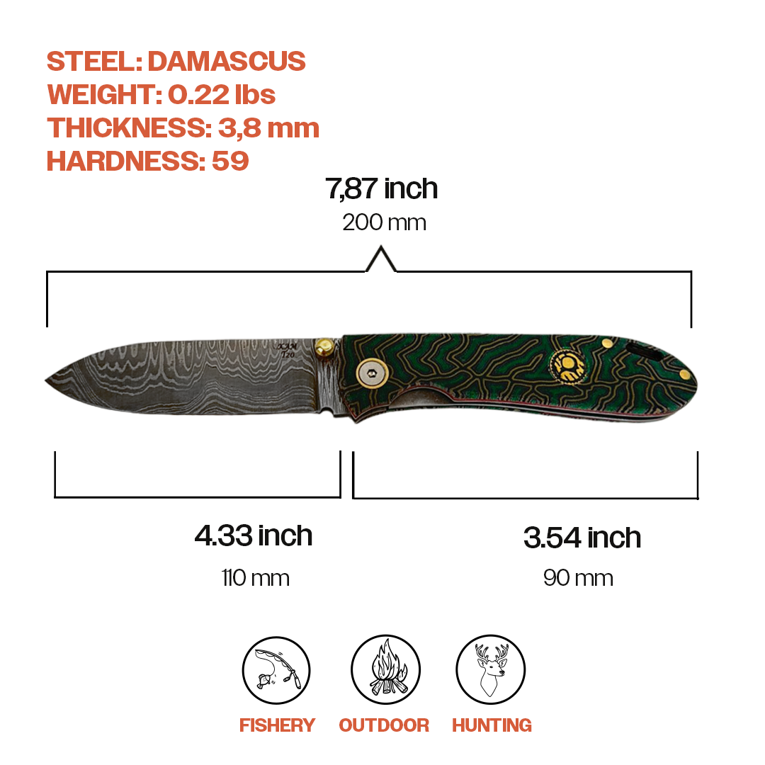 Kam Knife – T20 Damascus Steel Pocket Knife with Green Micarta Handle, 7.87 inches, versatile for outdoor activities and daily tasks.