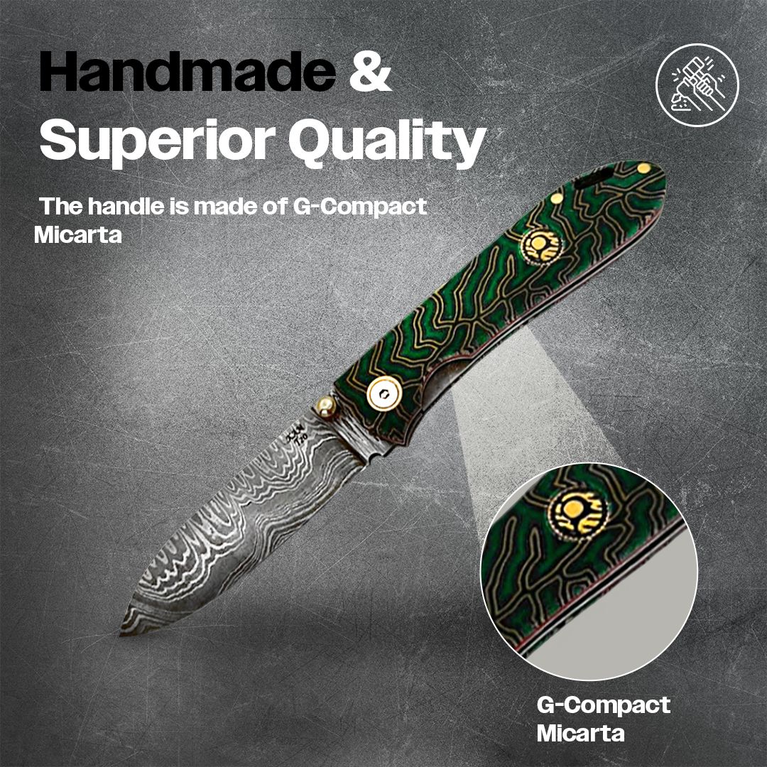 Kam Knife T20 with Damascus steel blade and green G Micarta handle, ideal for outdoor activities.