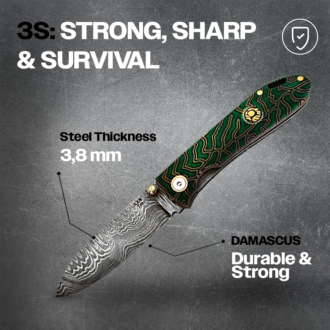 Kam Knife T20 with Damascus Steel blade and green Micarta handle featuring durable and strong design perfect for outdoor activities.