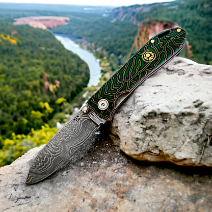 Kam Knife T20 Damascus Steel with Green Micarta Handle, ideal for outdoor activities.