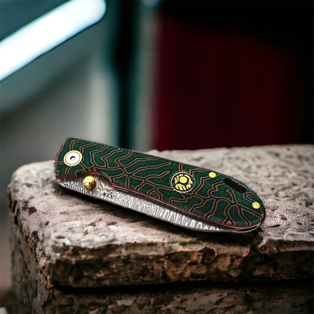 Kam Knife – T20 - Damascus Steel - Green G Micarta Handle - Pocket Knife