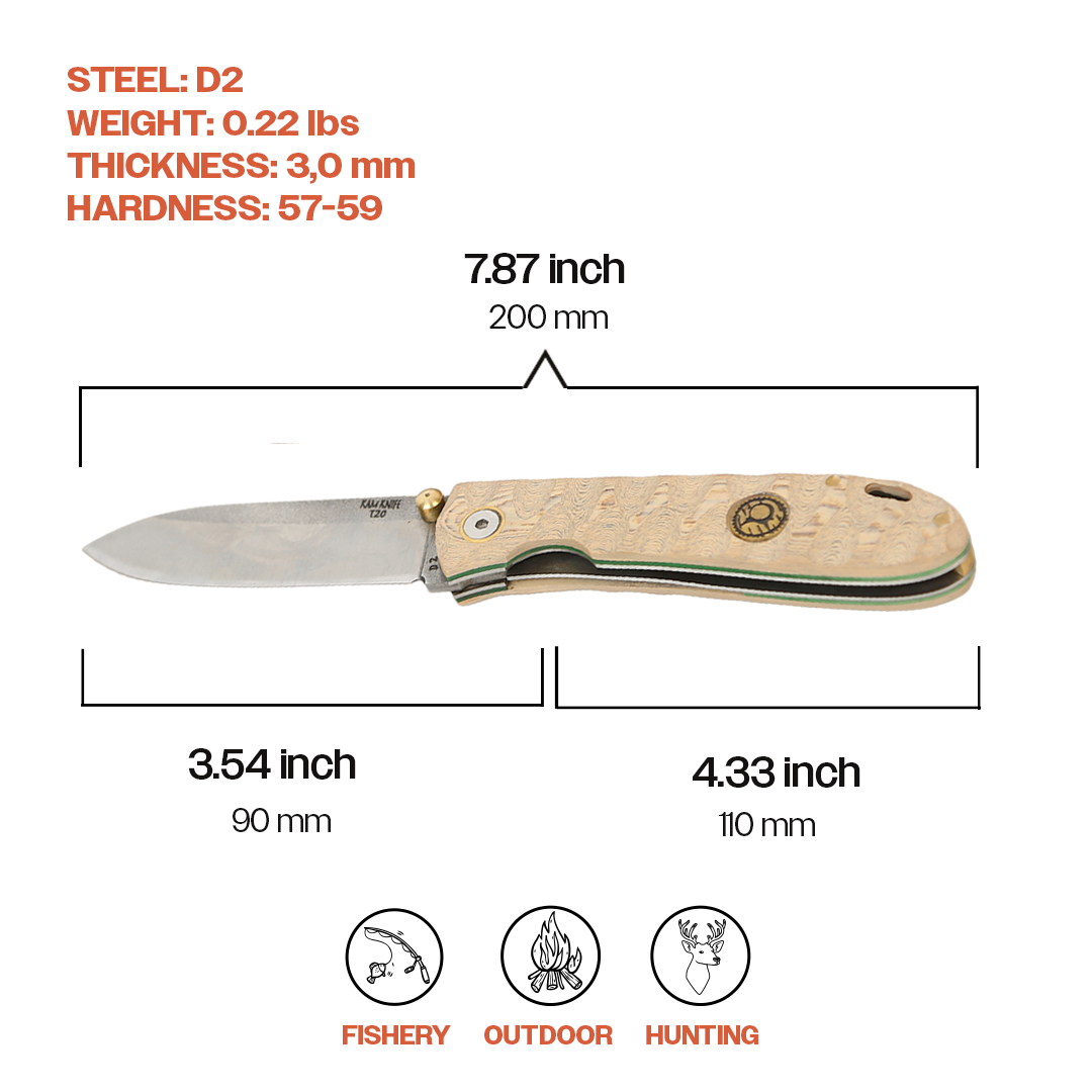 Kam Knife - T20 - D2  Steel - Oak Handle - Pocket Knife