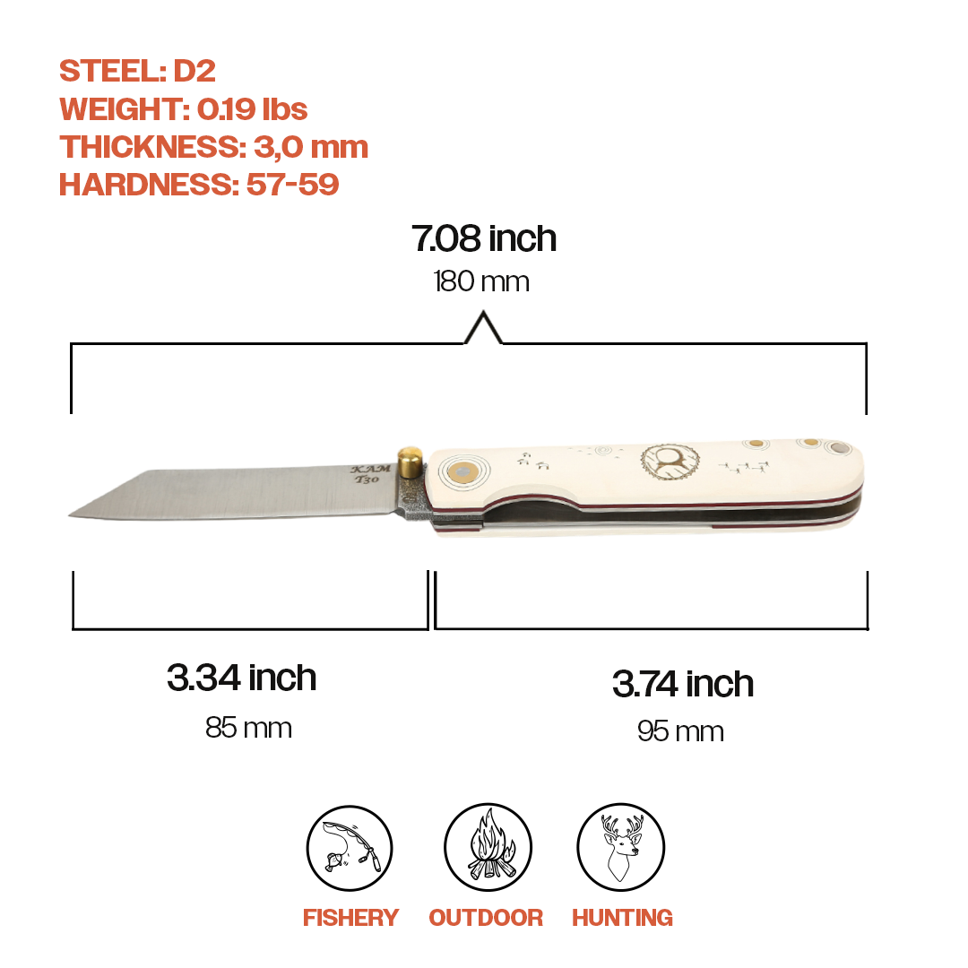 Kam Knife – T30 - D2 Steel - Katsu White Handle - Pocket Knife