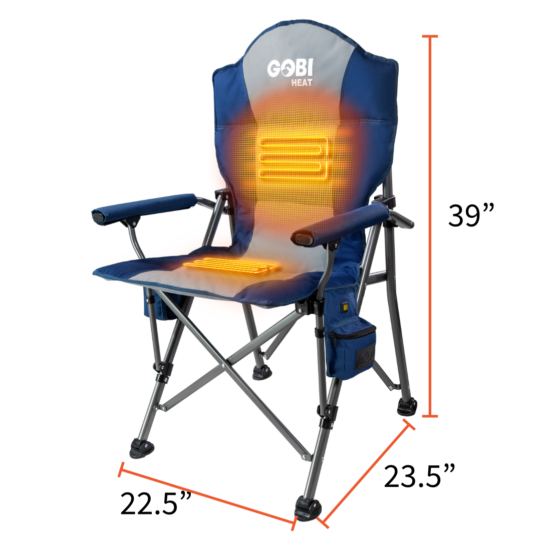 Terrain Heated Camping Chair with steel frame, cup holder, and LED controller for adjustable heat settings.