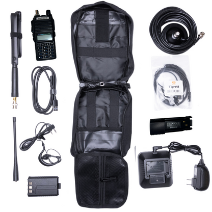 Radio Go Bag with UV82HP programmed radio, tactical antenna, extended battery, magnetic mount, USB cable, and MOLLE bag for vehicles.