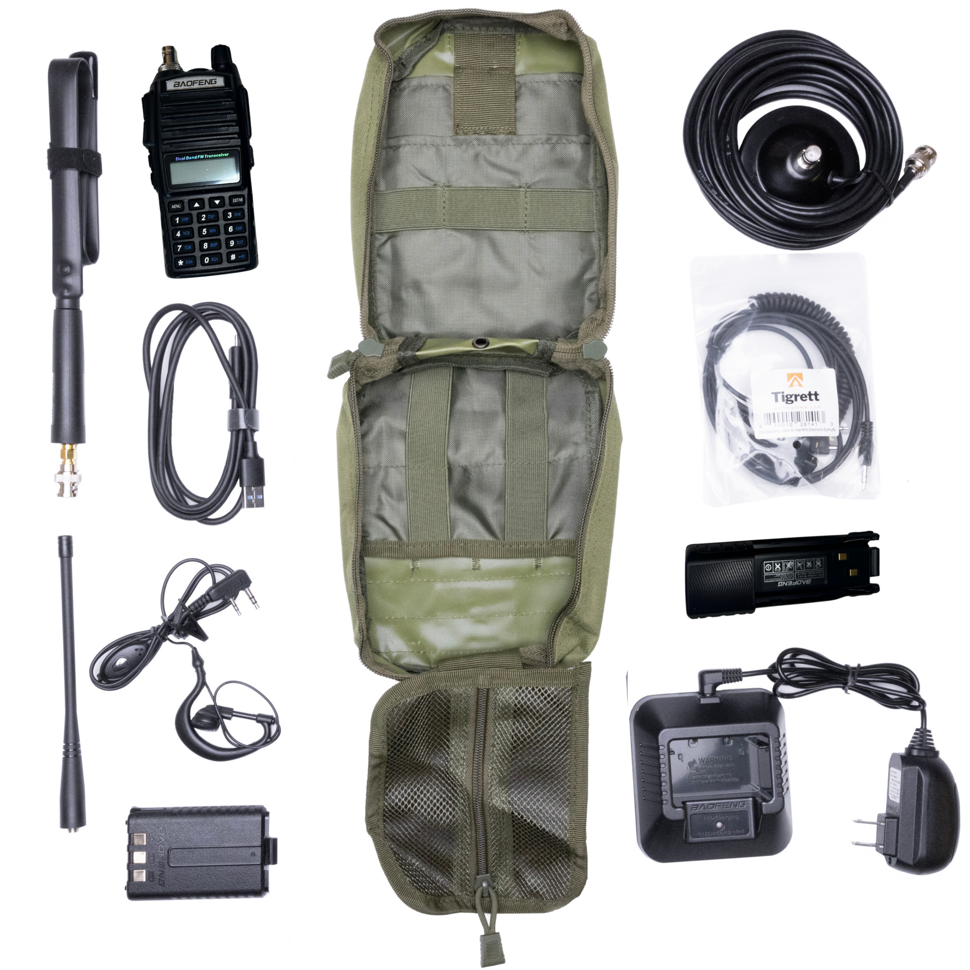 Radio Go Bag with UV82HP programmed radio and accessories, including tactical antenna, battery, charging cable, magnetic mount antenna, BNC adapters, and MOLLE bag for vehicle communication.