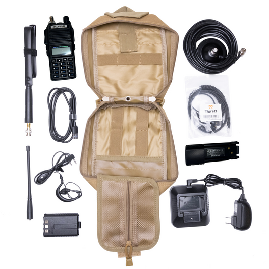 Radio Go Bag with UV82HP programmed radio, tactical antenna, extended battery, USB cable, magnetic mount, BNC adapters, SMC cable, and MOLLE bag.