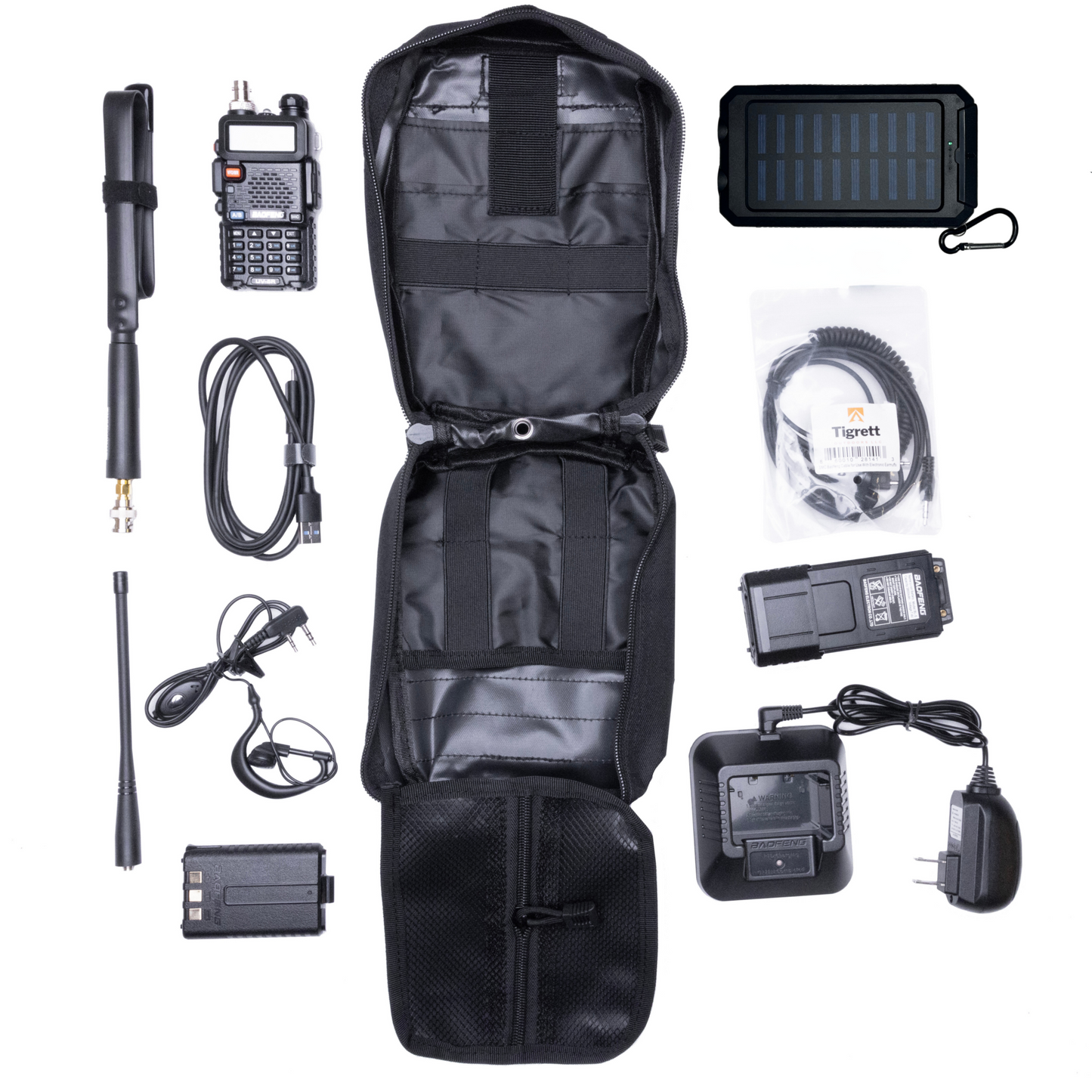 UV5R 8 watt Programmed Radio Bugout Kit with accessories including solar charger, cable, and MOLLE bag.