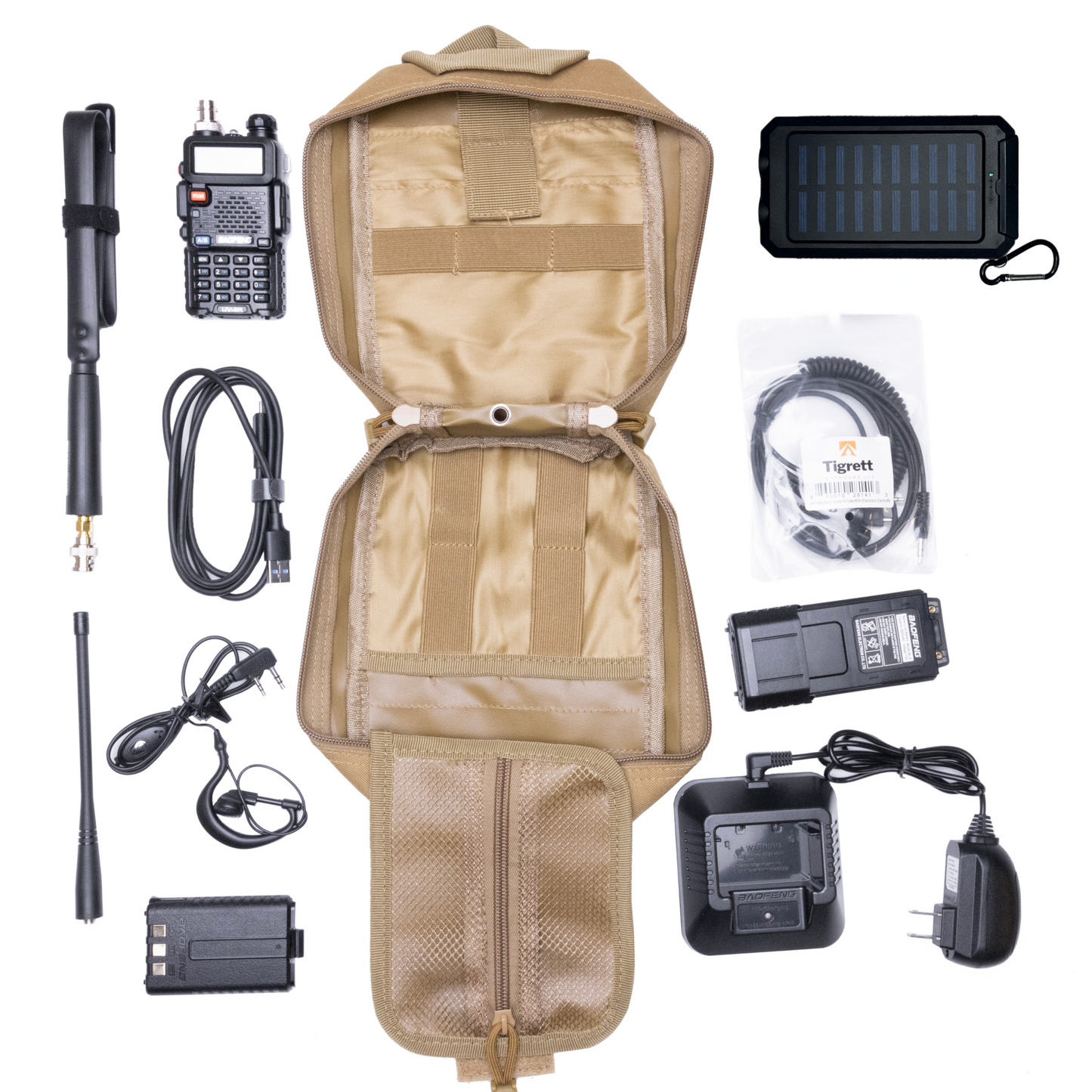 Radio Go Bag with Solar Charger and UV5R 8 Watt Programmed Radio Bugout Kit, featuring MOLLE bag, tactical antenna, extended battery, solar charger, and cables for emergency communication and outdoor use.