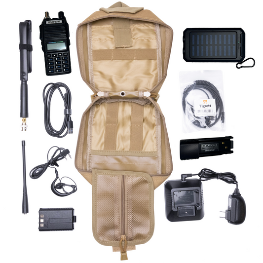 Radio Go Bag with UV82HP Programmed Radio, solar charger, tactical antenna, extended battery, USB cable, BNC adapters, and MOLLE-compatible bag.