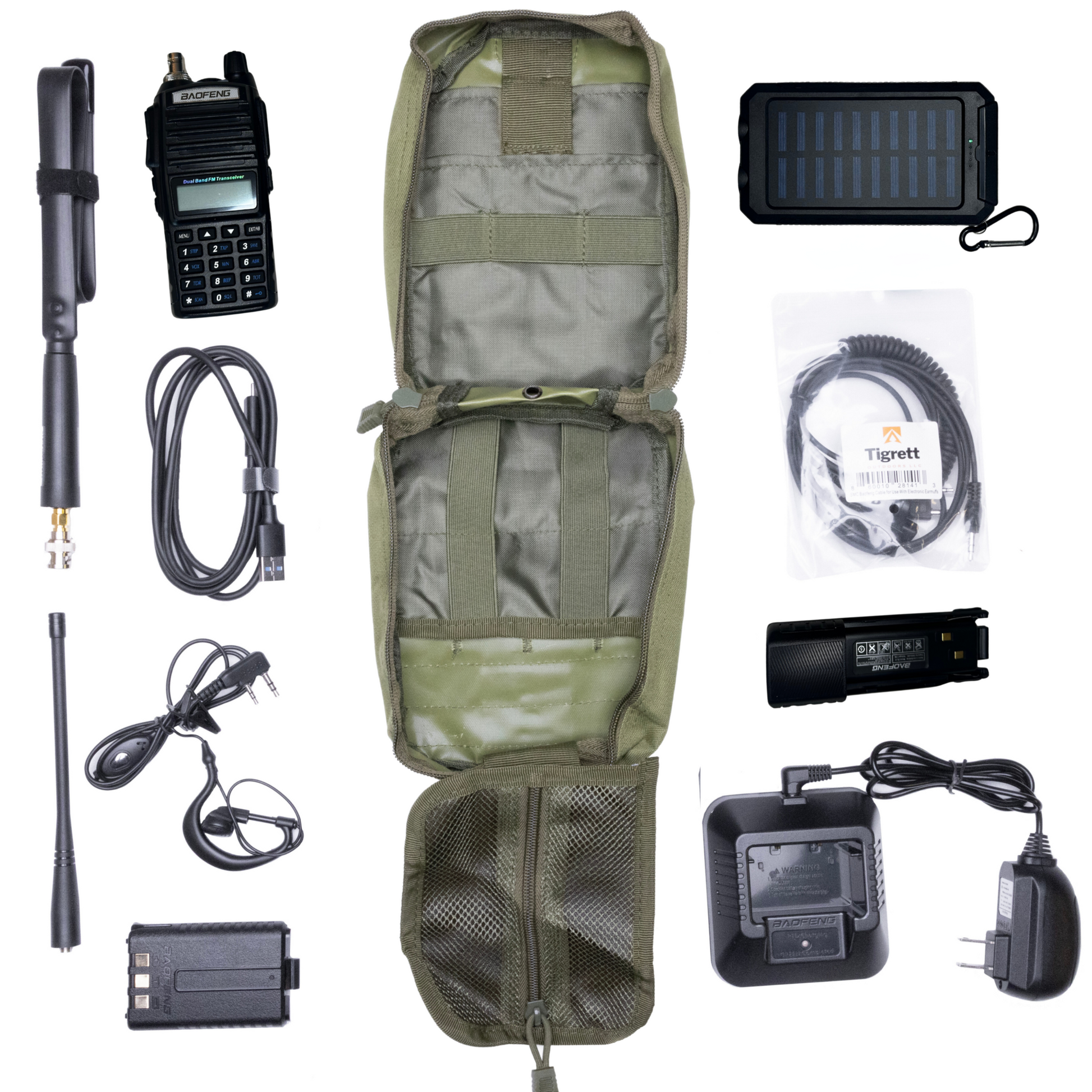 Radio Go Bag with Solar Charger and UV82HP Programmed Radio Bugout Kit contents on display, including Baofeng radio, tactical antenna, solar charger, extended battery, USB cable, MOLLE bag, and accessories for reliable communication.