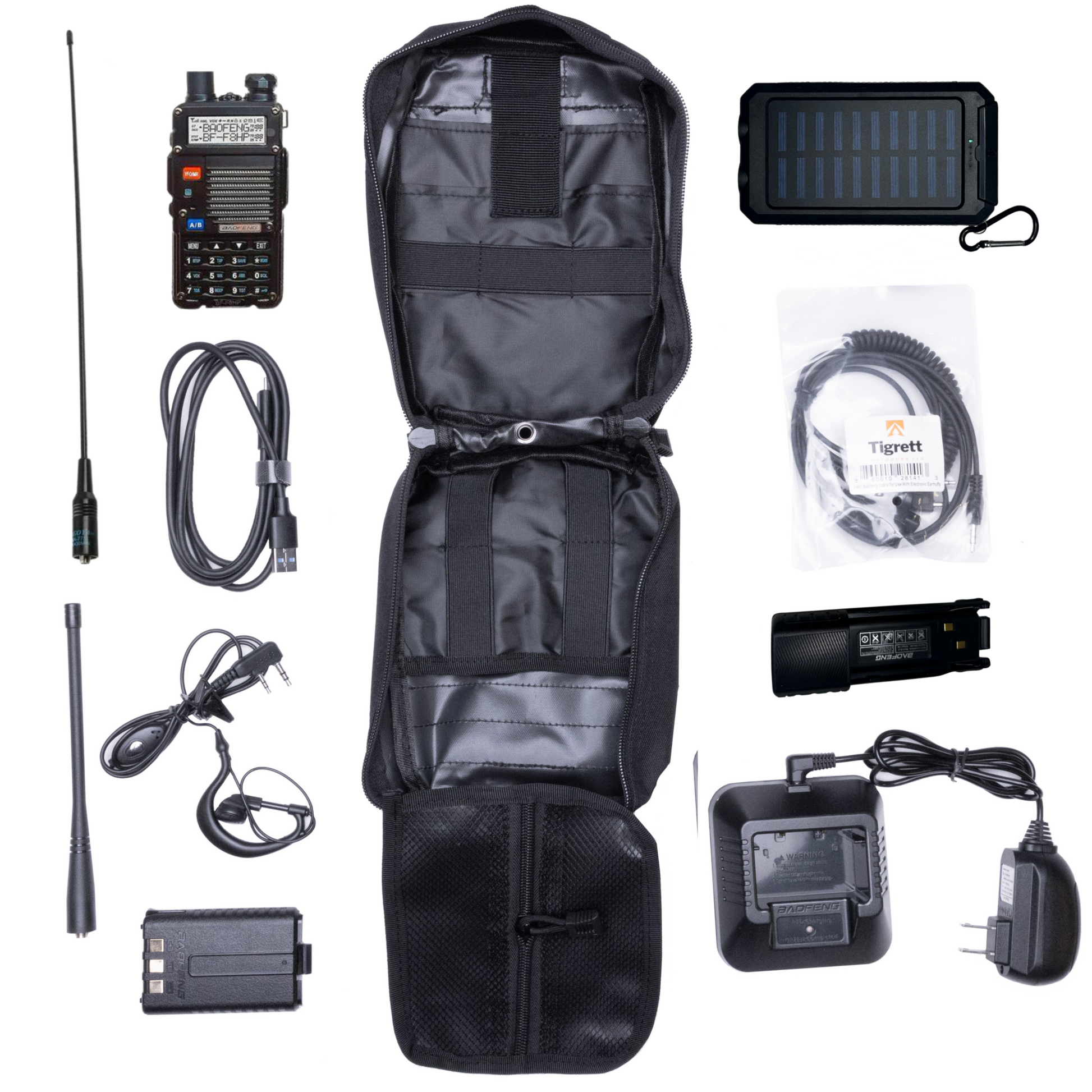 Ham Radio Go Bag with BF-F8HP, portable solar charger, and Nagoya NA771 antenna.